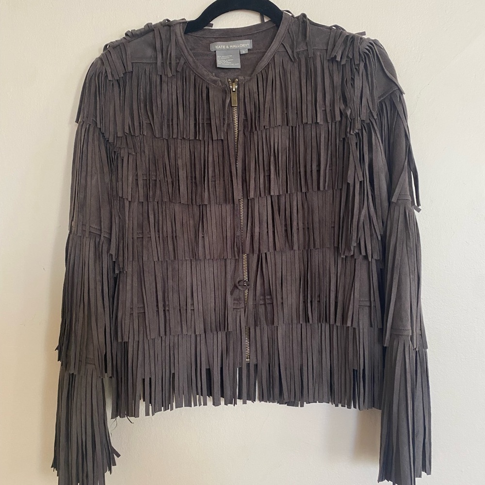Kate & Mallory Brown Suede Fringe Zip Jacket